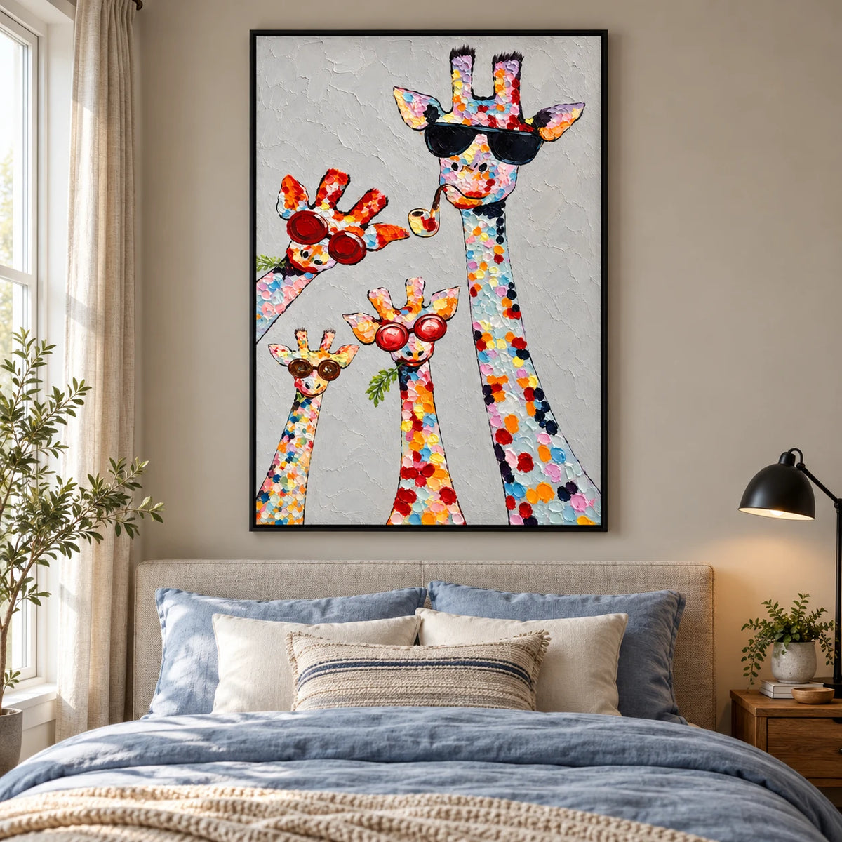 Ownanart Hand-Painted Four Colorful Giraffes with Sunglasses and Pipe Oil Painting – 3D Textured Vertical Impasto Canvas Wall Art for Living Room Bedroom Entryway and Office