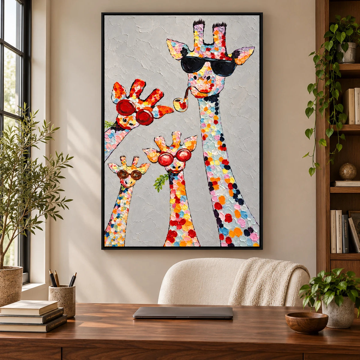 Ownanart Hand-Painted Four Colorful Giraffes with Sunglasses and Pipe Oil Painting – 3D Textured Vertical Impasto Canvas Wall Art for Living Room Bedroom Entryway and Office