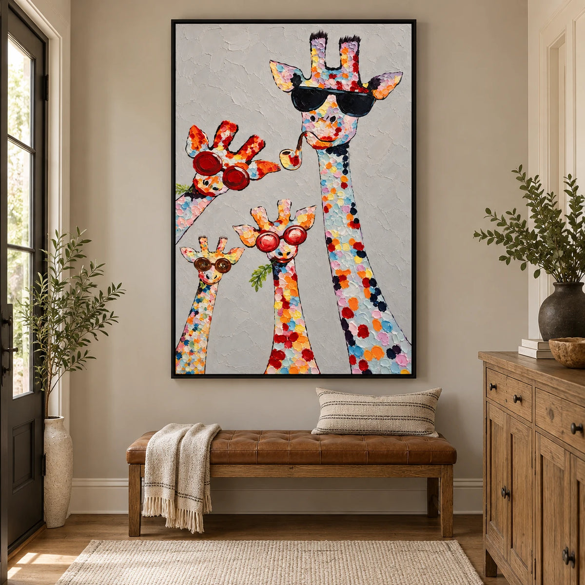 Ownanart Hand-Painted Four Colorful Giraffes with Sunglasses and Pipe Oil Painting – 3D Textured Vertical Impasto Canvas Wall Art for Living Room Bedroom Entryway and Office