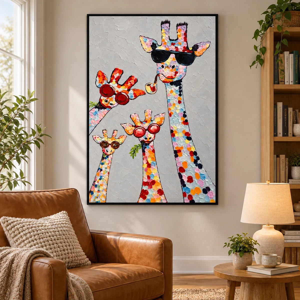 Ownanart Hand-Painted Four Colorful Giraffes with Sunglasses and Pipe Oil Painting – 3D Textured Vertical Impasto Canvas Wall Art for Living Room Bedroom Entryway and Office