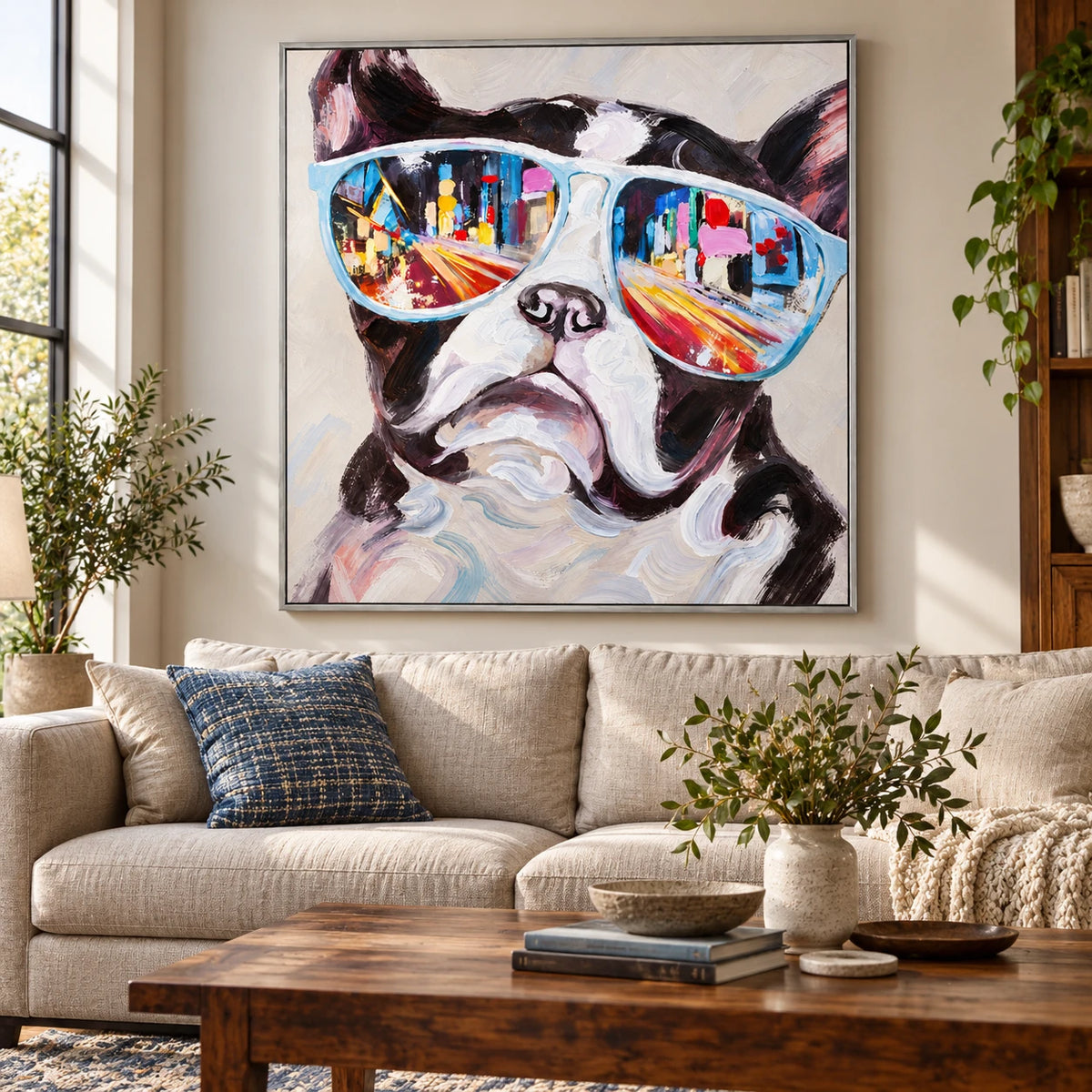 Ownanart Hand-Painted French Bulldog Wearing Blue Sunglasses with City Reflections Oil Painting – 3D Textured Square Impasto Canvas Wall Art for Living Room Bedroom Entryway and Office