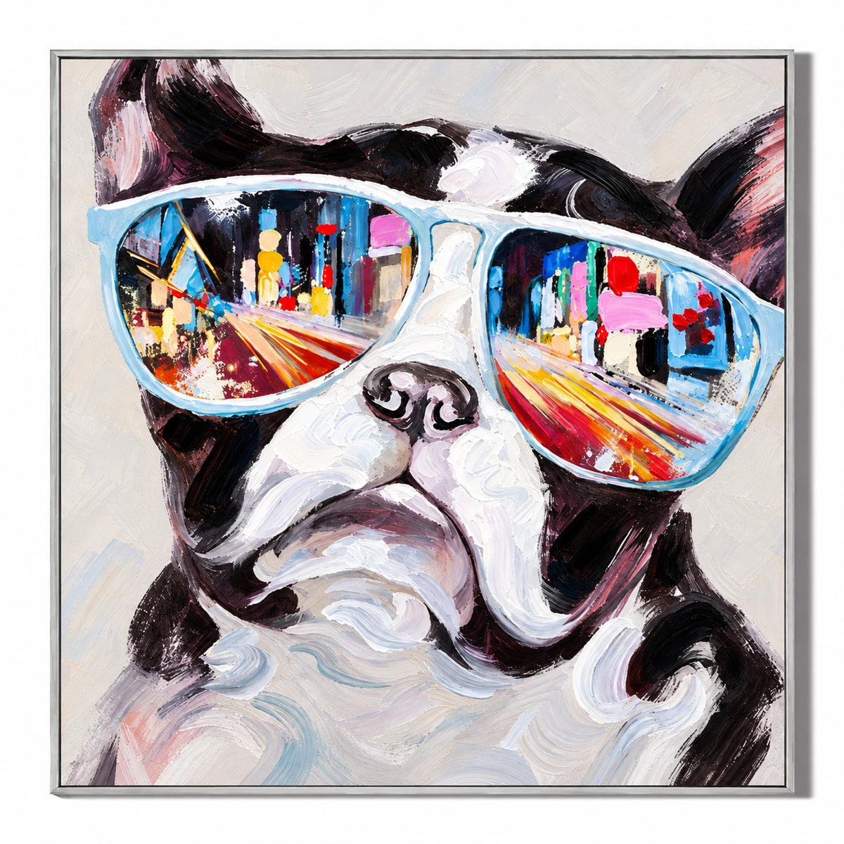 Ownanart Hand-Painted French Bulldog Wearing Blue Sunglasses with City Reflections Oil Painting – 3D Textured Square Impasto Canvas Wall Art for Living Room Bedroom Entryway and Office