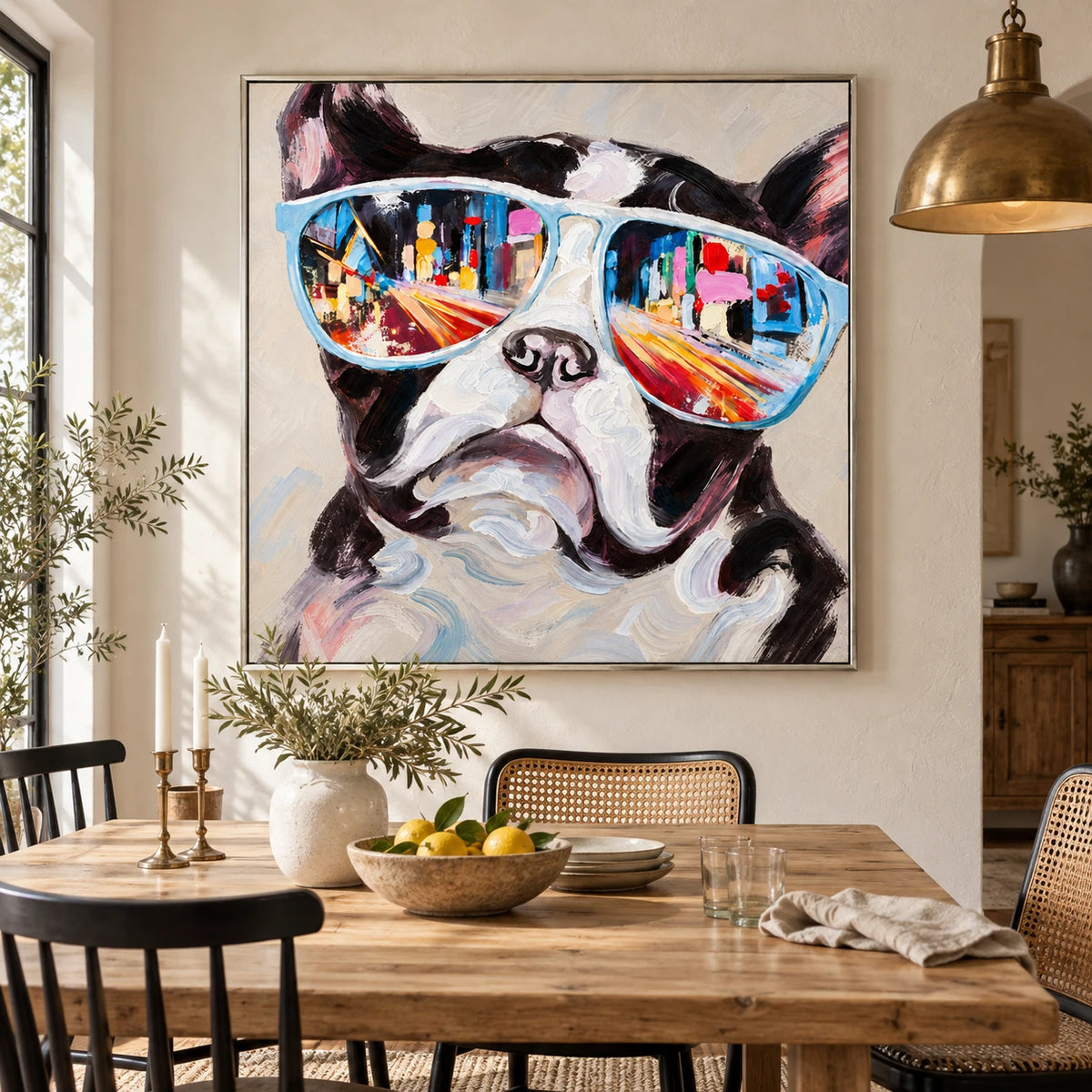 Ownanart Hand-Painted French Bulldog Wearing Blue Sunglasses with City Reflections Oil Painting – 3D Textured Square Impasto Canvas Wall Art for Living Room Bedroom Entryway and Office
