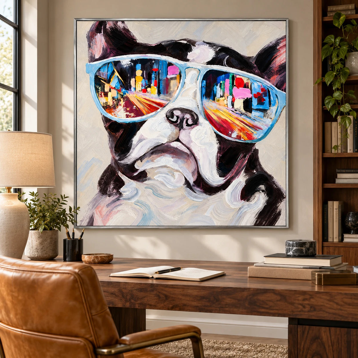 Ownanart Hand-Painted French Bulldog Wearing Blue Sunglasses with City Reflections Oil Painting – 3D Textured Square Impasto Canvas Wall Art for Living Room Bedroom Entryway and Office