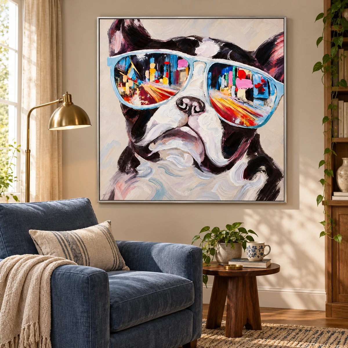 Ownanart Hand-Painted French Bulldog Wearing Blue Sunglasses with City Reflections Oil Painting – 3D Textured Square Impasto Canvas Wall Art for Living Room Bedroom Entryway and Office