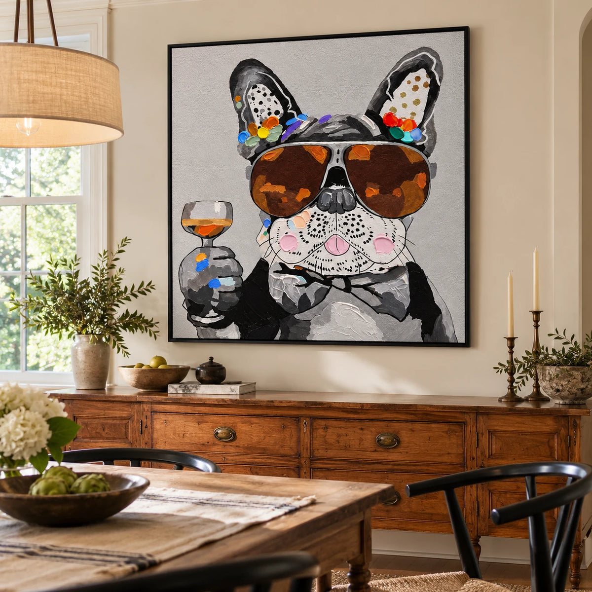 Ownanart Hand-Painted French Bulldog Wearing Sunglasses and Bow Tie with Wine Glass Oil Painting – 3D Textured Square Impasto Canvas Wall Art for Living Room Bedroom Entryway and Office