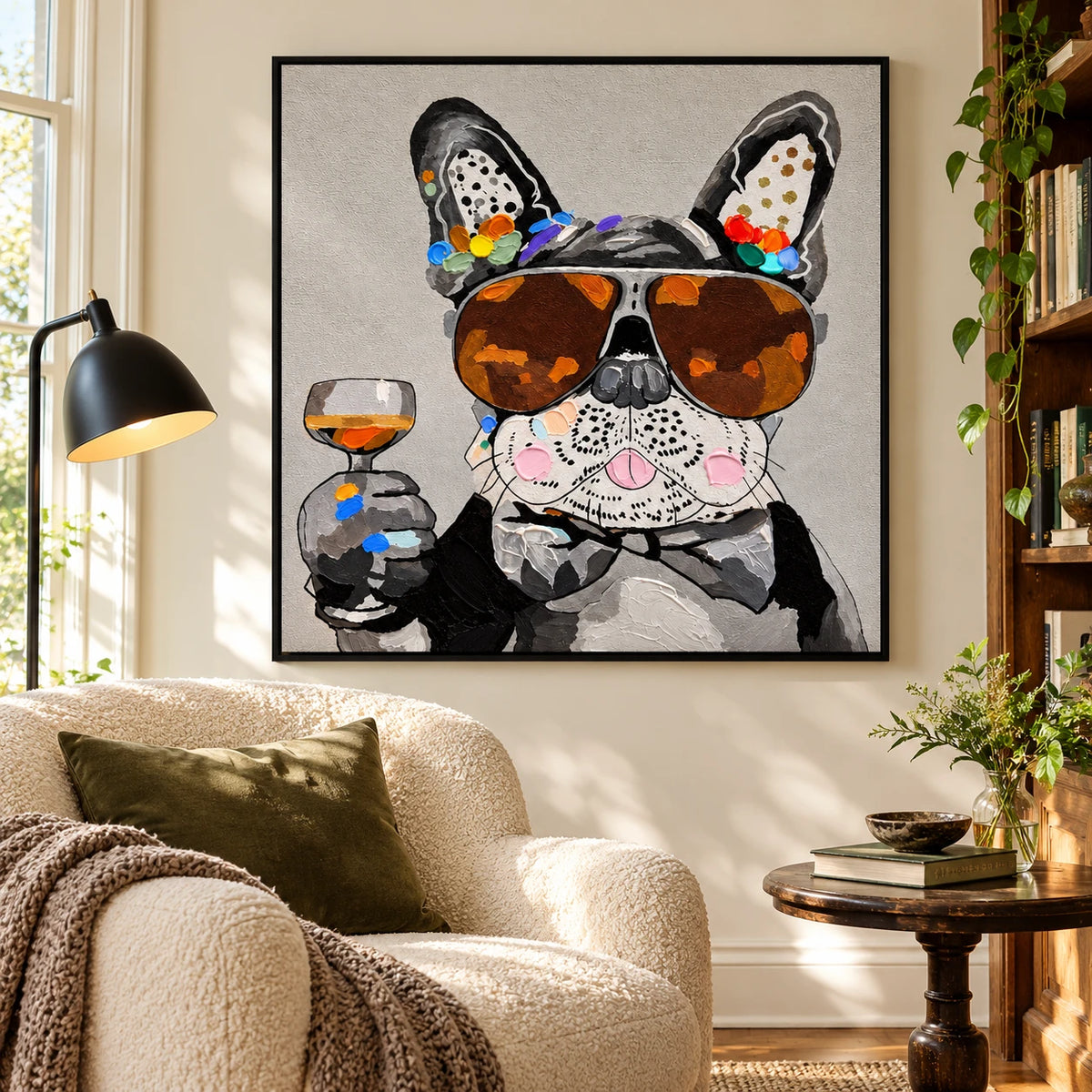 Ownanart Hand-Painted French Bulldog Wearing Sunglasses and Bow Tie with Wine Glass Oil Painting – 3D Textured Square Impasto Canvas Wall Art for Living Room Bedroom Entryway and Office
