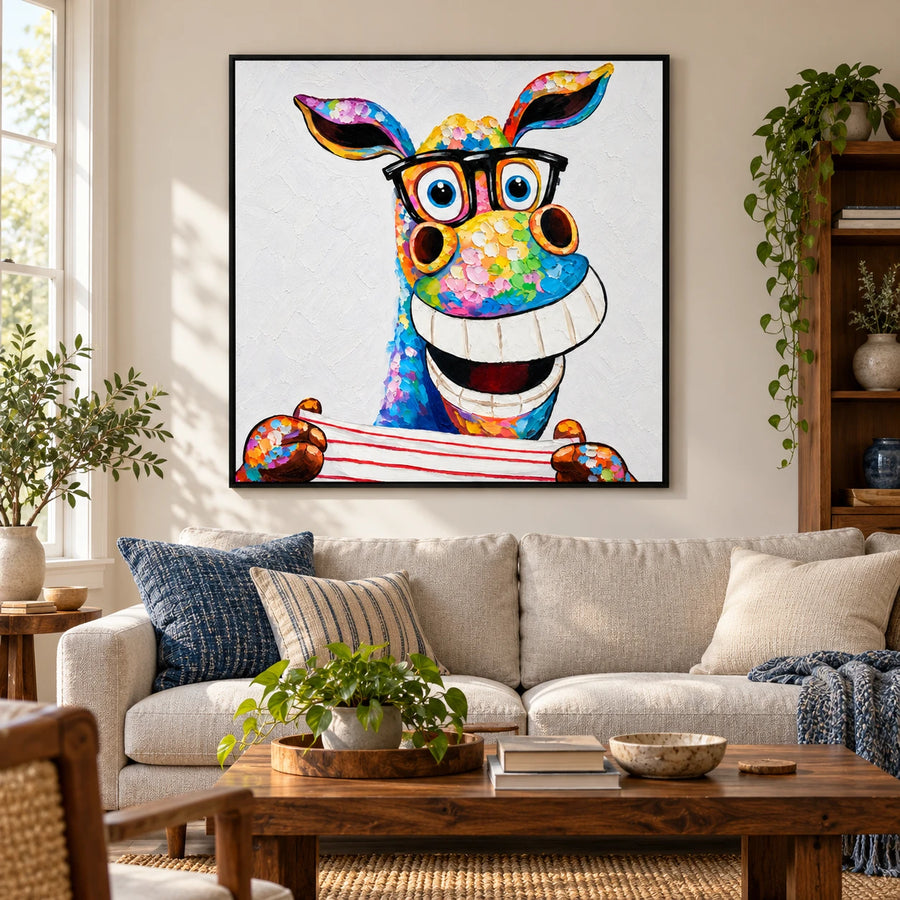 Funny Colorful Donkey Wearing Black Glasses and Striped Shirt Oil Painting – 3D Textured Square Impasto Canvas Wall Art #OA 1574