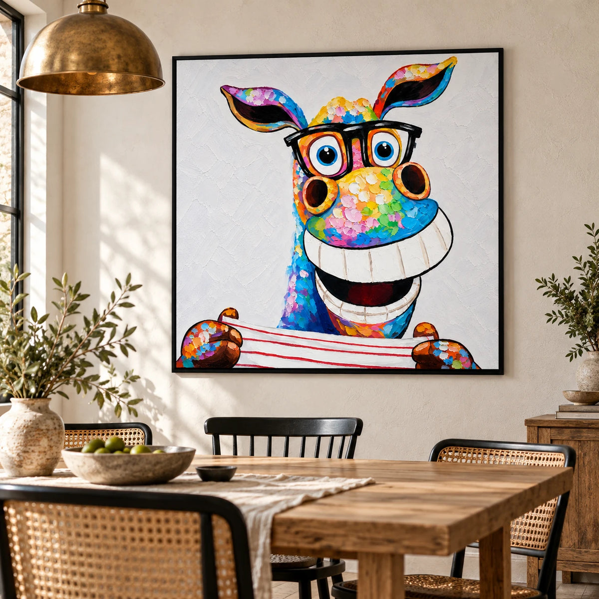 Ownanart Hand-Painted Funny Colorful Donkey Wearing Black Glasses and Striped Shirt Oil Painting – 3D Textured Square Impasto Canvas Wall Art for Living Room Bedroom Entryway and Office