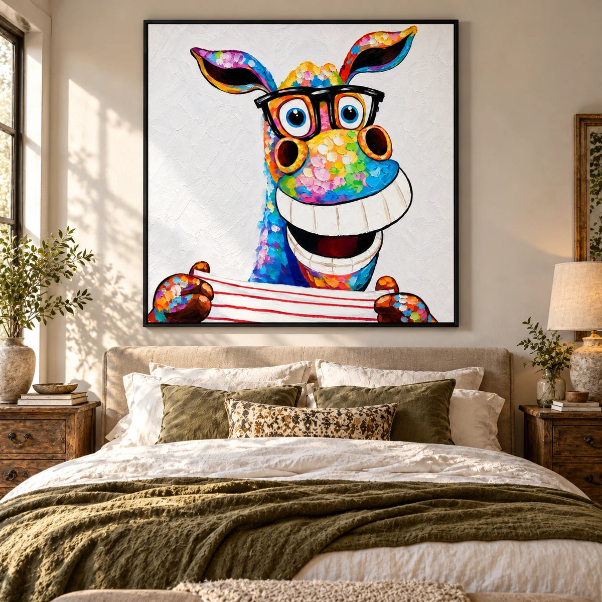 Ownanart Hand-Painted Funny Colorful Donkey Wearing Black Glasses and Striped Shirt Oil Painting – 3D Textured Square Impasto Canvas Wall Art for Living Room Bedroom Entryway and Office