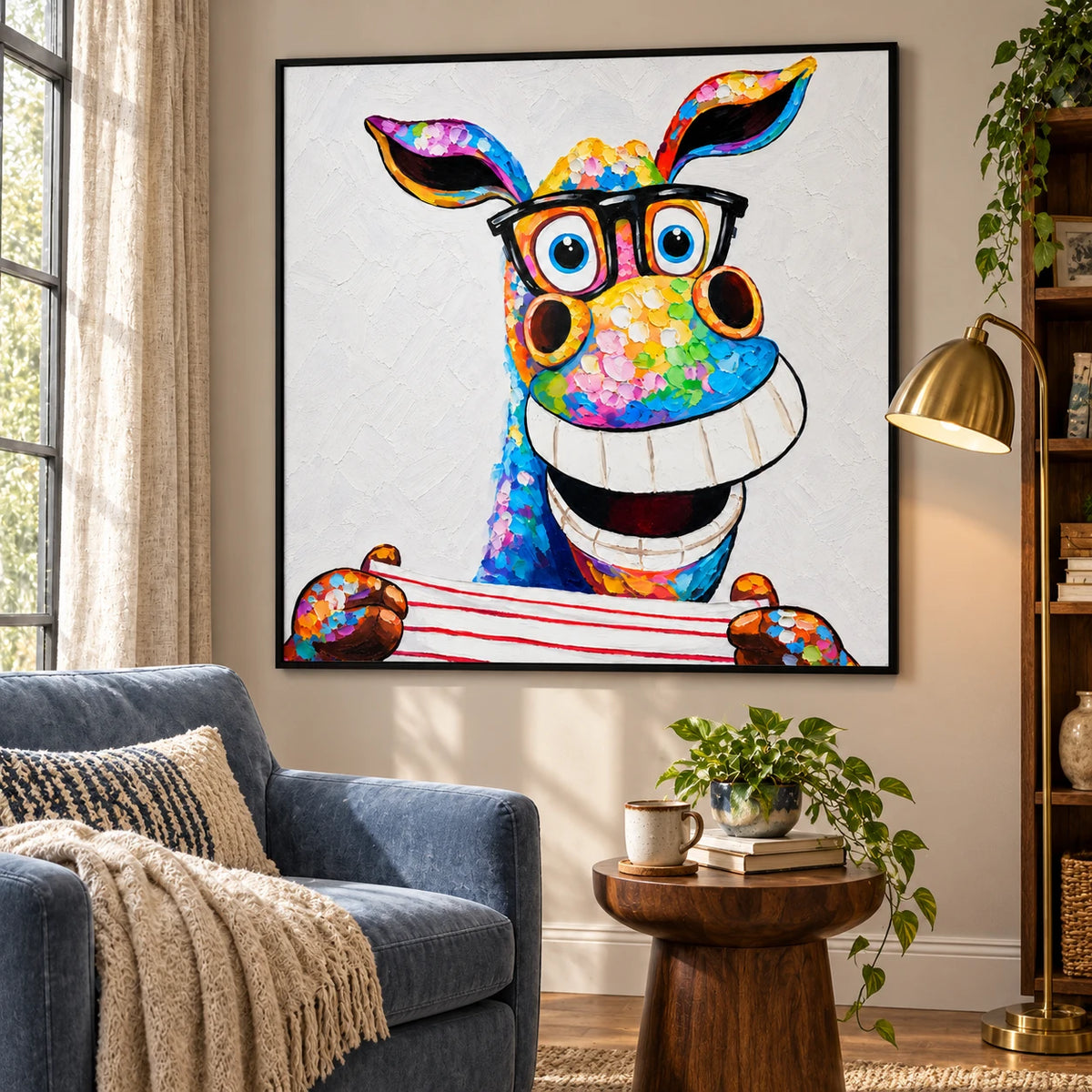 Ownanart Hand-Painted Funny Colorful Donkey Wearing Black Glasses and Striped Shirt Oil Painting – 3D Textured Square Impasto Canvas Wall Art for Living Room Bedroom Entryway and Office