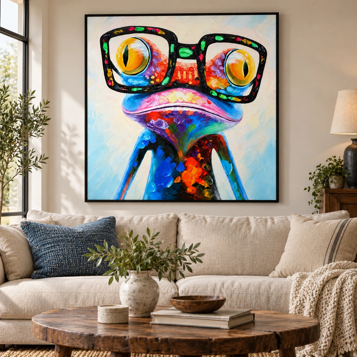 Ownanart Hand-Painted Funny Colorful Frog Wearing Oversized Black Glasses Oil Painting – 3D Textured Square Impasto Canvas Wall Art for Living Room Bedroom Entryway and Office