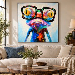 Funny Colorful Frog Wearing Oversized Black Glasses Oil Painting – 3D Textured Square Impasto Canvas Wall Art #OA 1575