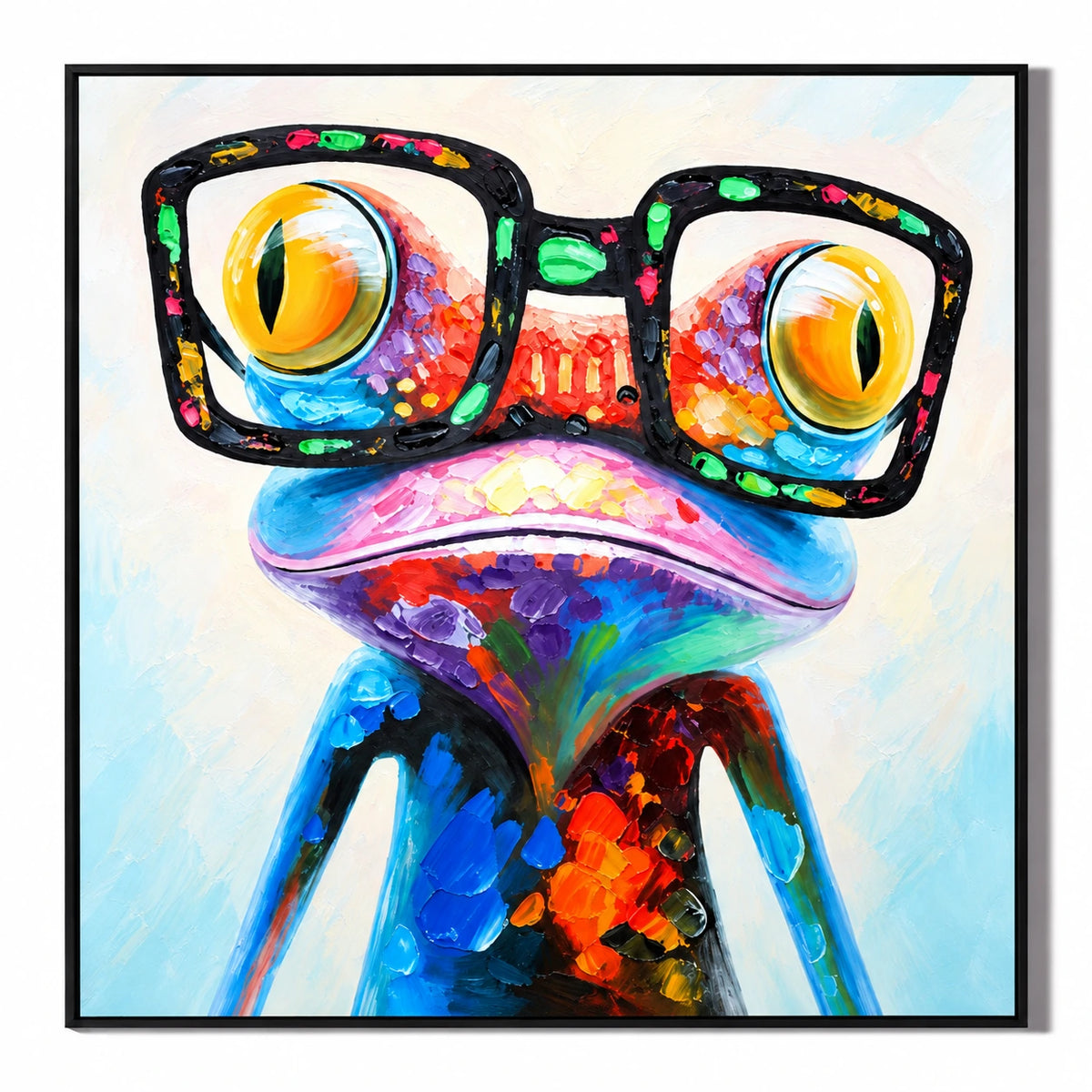 Ownanart Hand-Painted Funny Colorful Frog Wearing Oversized Black Glasses Oil Painting – 3D Textured Square Impasto Canvas Wall Art for Living Room Bedroom Entryway and Office
