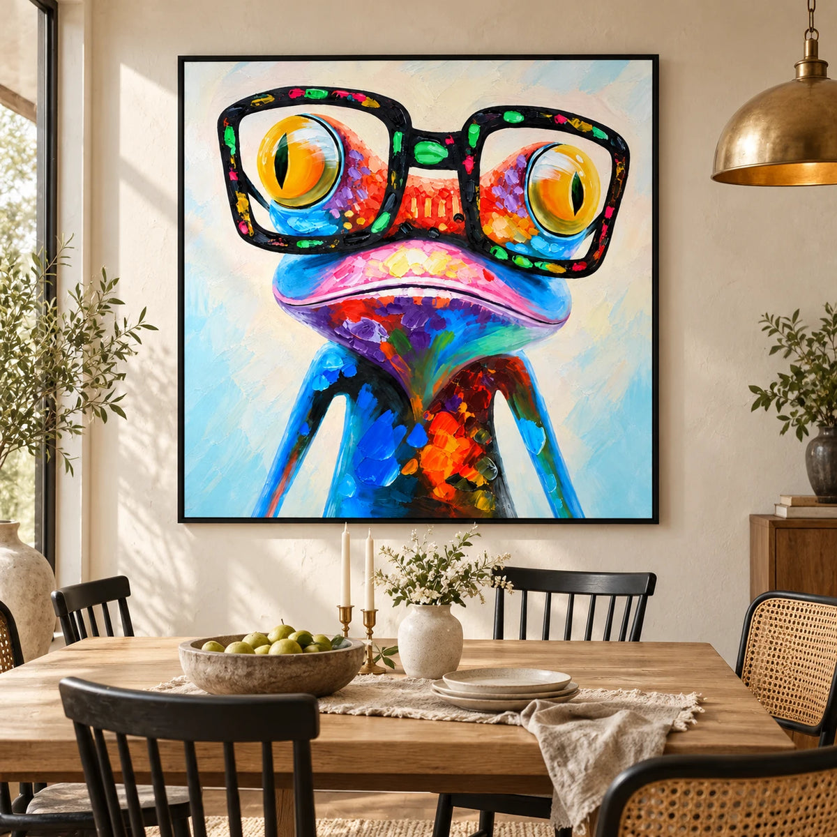 Ownanart Hand-Painted Funny Colorful Frog Wearing Oversized Black Glasses Oil Painting – 3D Textured Square Impasto Canvas Wall Art for Living Room Bedroom Entryway and Office