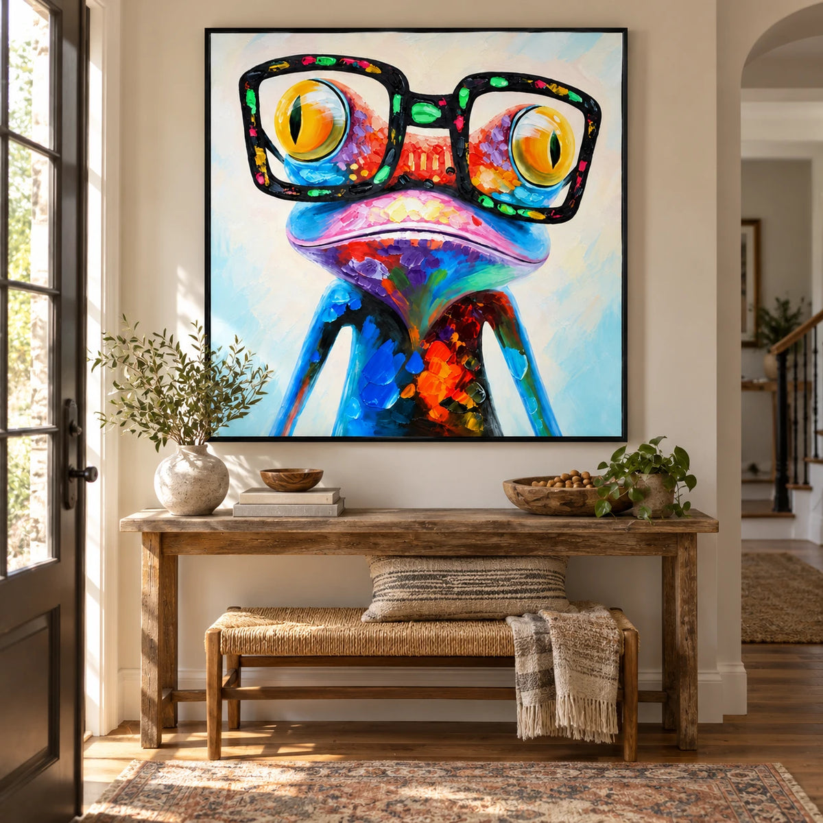 Ownanart Hand-Painted Funny Colorful Frog Wearing Oversized Black Glasses Oil Painting – 3D Textured Square Impasto Canvas Wall Art for Living Room Bedroom Entryway and Office