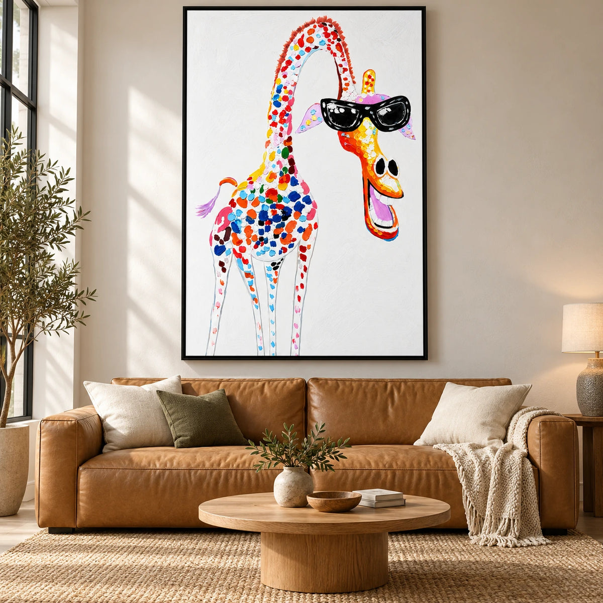 Ownanart Hand-Painted Funny Colorful Giraffe Wearing Black Sunglasses Oil Painting – 3D Textured Vertical Impasto Canvas Wall Art for Living Room Bedroom Entryway and Office