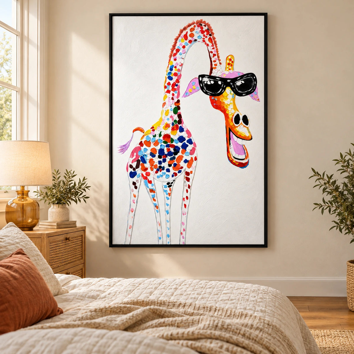 Ownanart Hand-Painted Funny Colorful Giraffe Wearing Black Sunglasses Oil Painting – 3D Textured Vertical Impasto Canvas Wall Art for Living Room Bedroom Entryway and Office