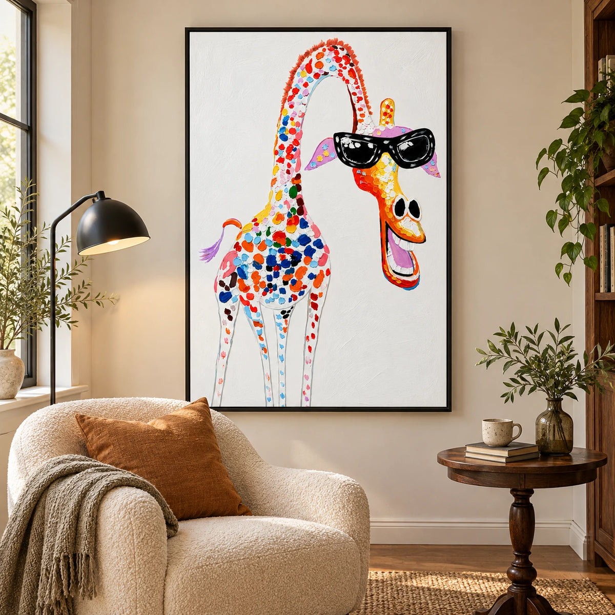 Ownanart Hand-Painted Funny Colorful Giraffe Wearing Black Sunglasses Oil Painting – 3D Textured Vertical Impasto Canvas Wall Art for Living Room Bedroom Entryway and Office
