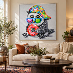 Ownanart Hand-Painted Funny Owl Wearing Colorful Cap and Sunglasses Holding Donut Oil Painting – 3D Textured Square Impasto Canvas Wall Art for Living Room Bedroom Entryway and Office #OA 1570