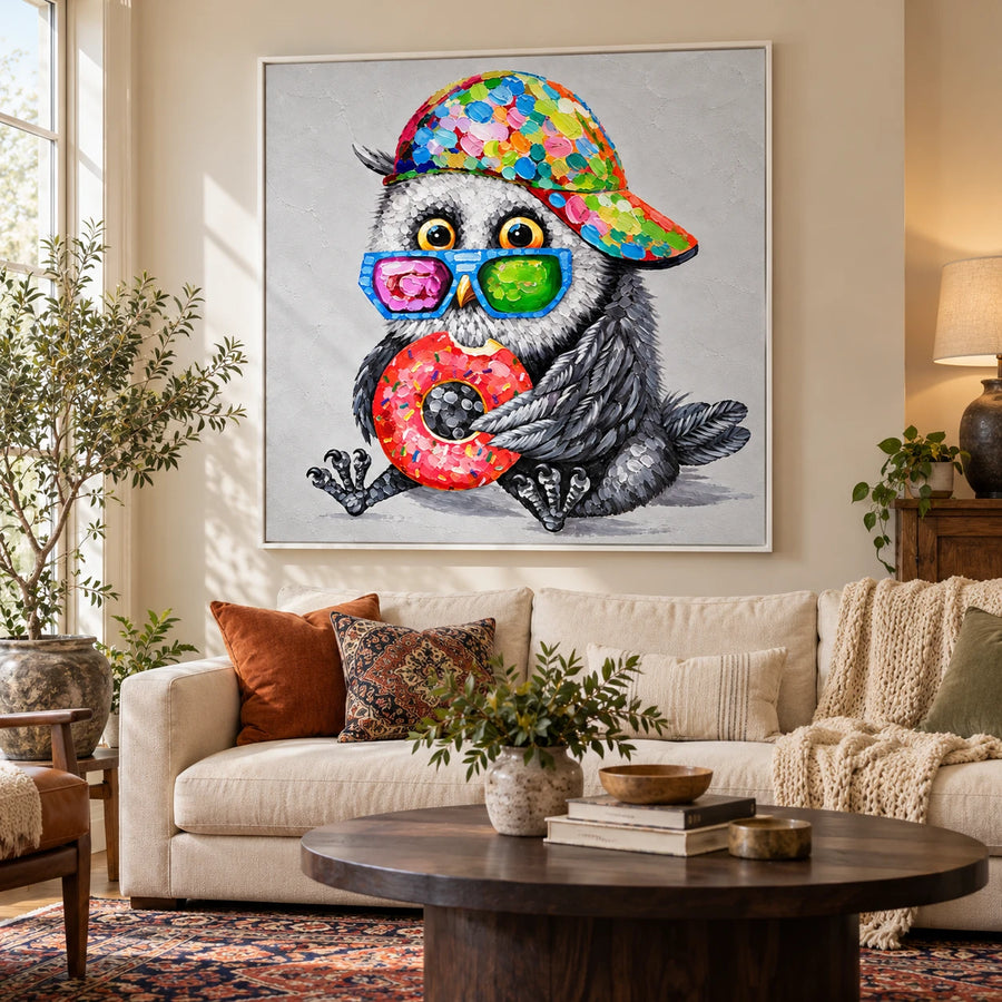 Ownanart Hand-Painted Funny Owl Wearing Colorful Cap and Sunglasses Holding Donut Oil Painting – 3D Textured Square Impasto Canvas Wall Art for Living Room Bedroom Entryway and Office #OA 1570