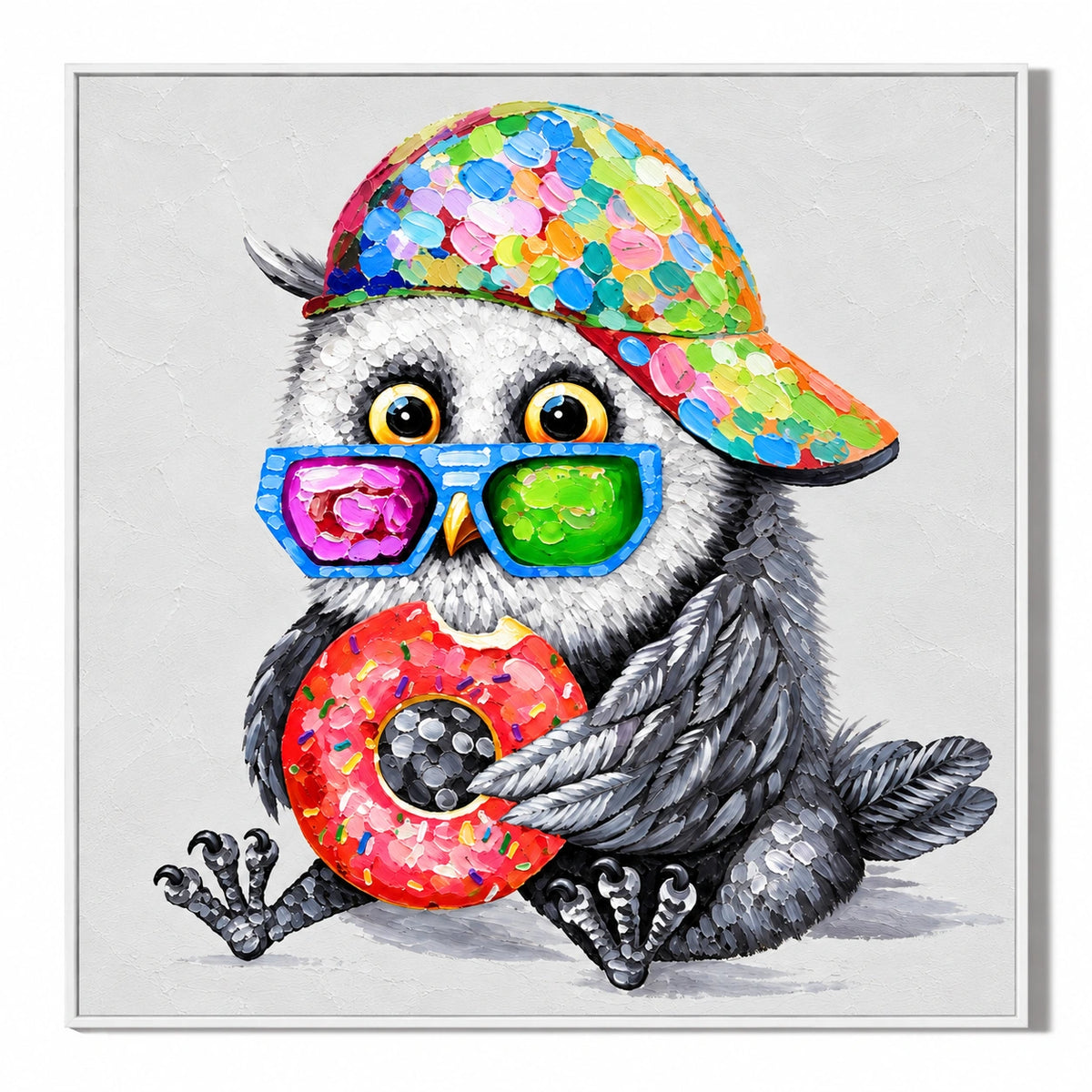 Ownanart Hand-Painted Funny Owl Wearing Colorful Cap and Sunglasses Holding Donut Oil Painting – 3D Textured Square Impasto Canvas Wall Art for Living Room Bedroom Entryway and Office