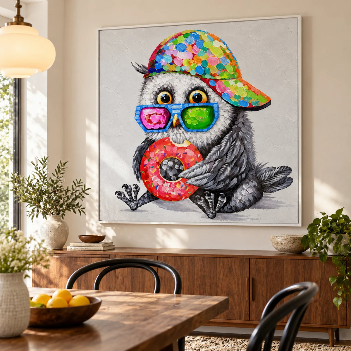 Ownanart Hand-Painted Funny Owl Wearing Colorful Cap and Sunglasses Holding Donut Oil Painting – 3D Textured Square Impasto Canvas Wall Art for Living Room Bedroom Entryway and Office
