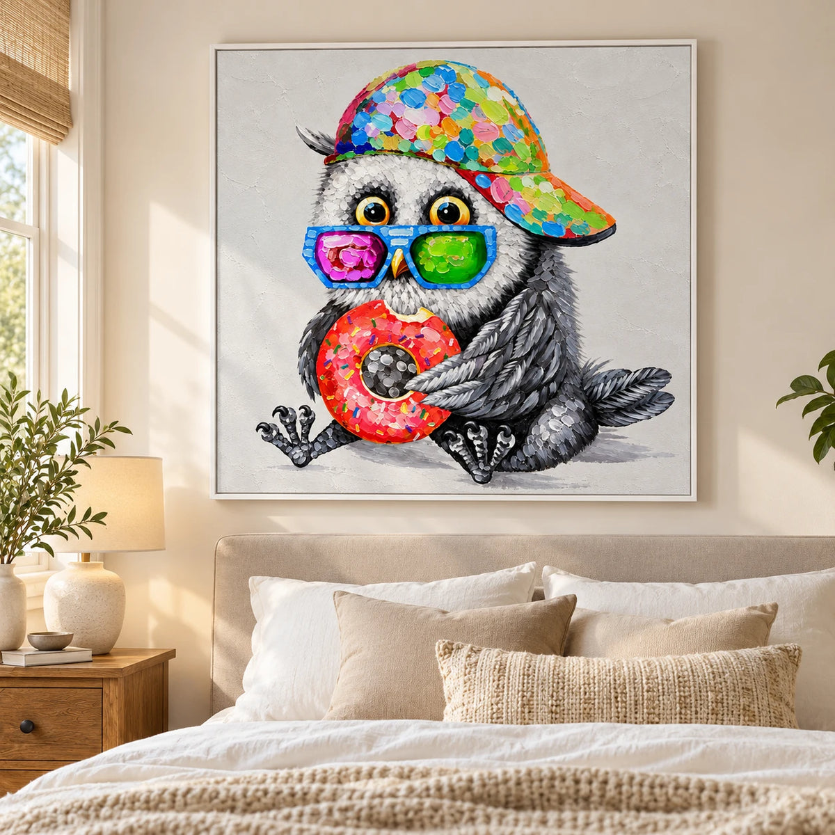 Ownanart Hand-Painted Funny Owl Wearing Colorful Cap and Sunglasses Holding Donut Oil Painting – 3D Textured Square Impasto Canvas Wall Art for Living Room Bedroom Entryway and Office