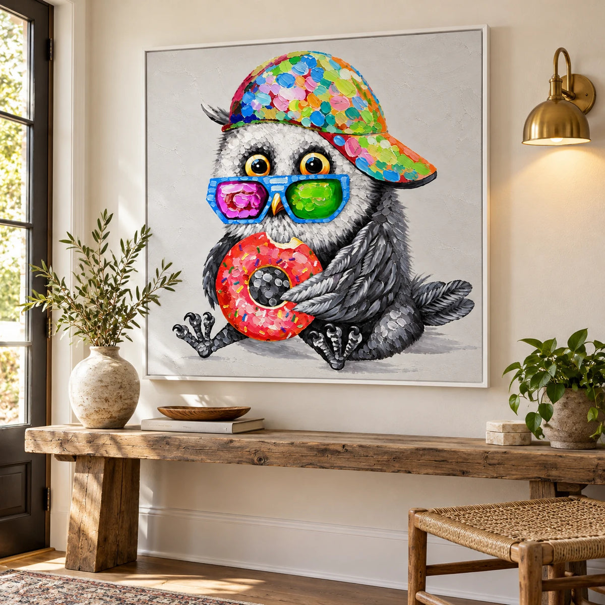 Ownanart Hand-Painted Funny Owl Wearing Colorful Cap and Sunglasses Holding Donut Oil Painting – 3D Textured Square Impasto Canvas Wall Art for Living Room Bedroom Entryway and Office