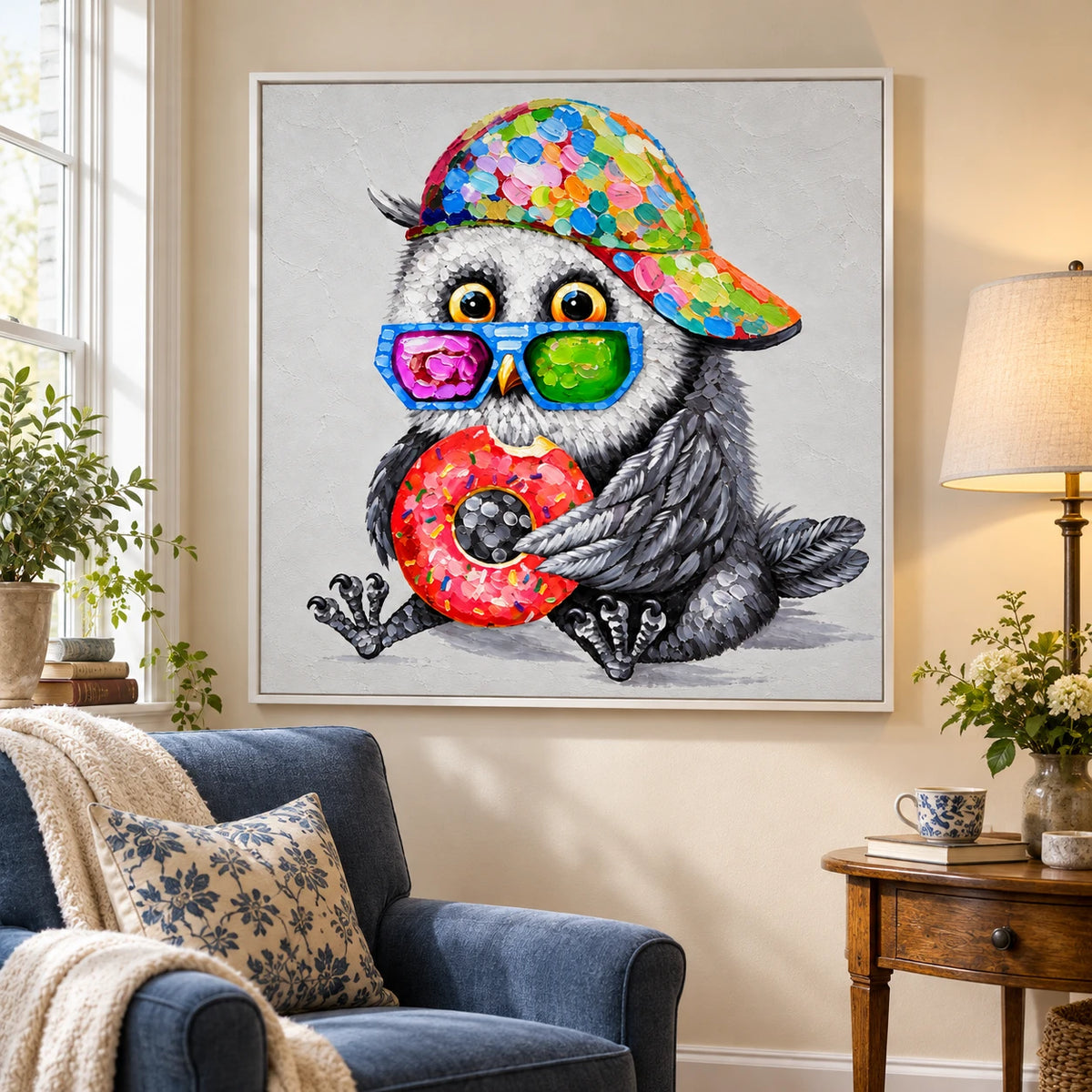 Ownanart Hand-Painted Funny Owl Wearing Colorful Cap and Sunglasses Holding Donut Oil Painting – 3D Textured Square Impasto Canvas Wall Art for Living Room Bedroom Entryway and Office
