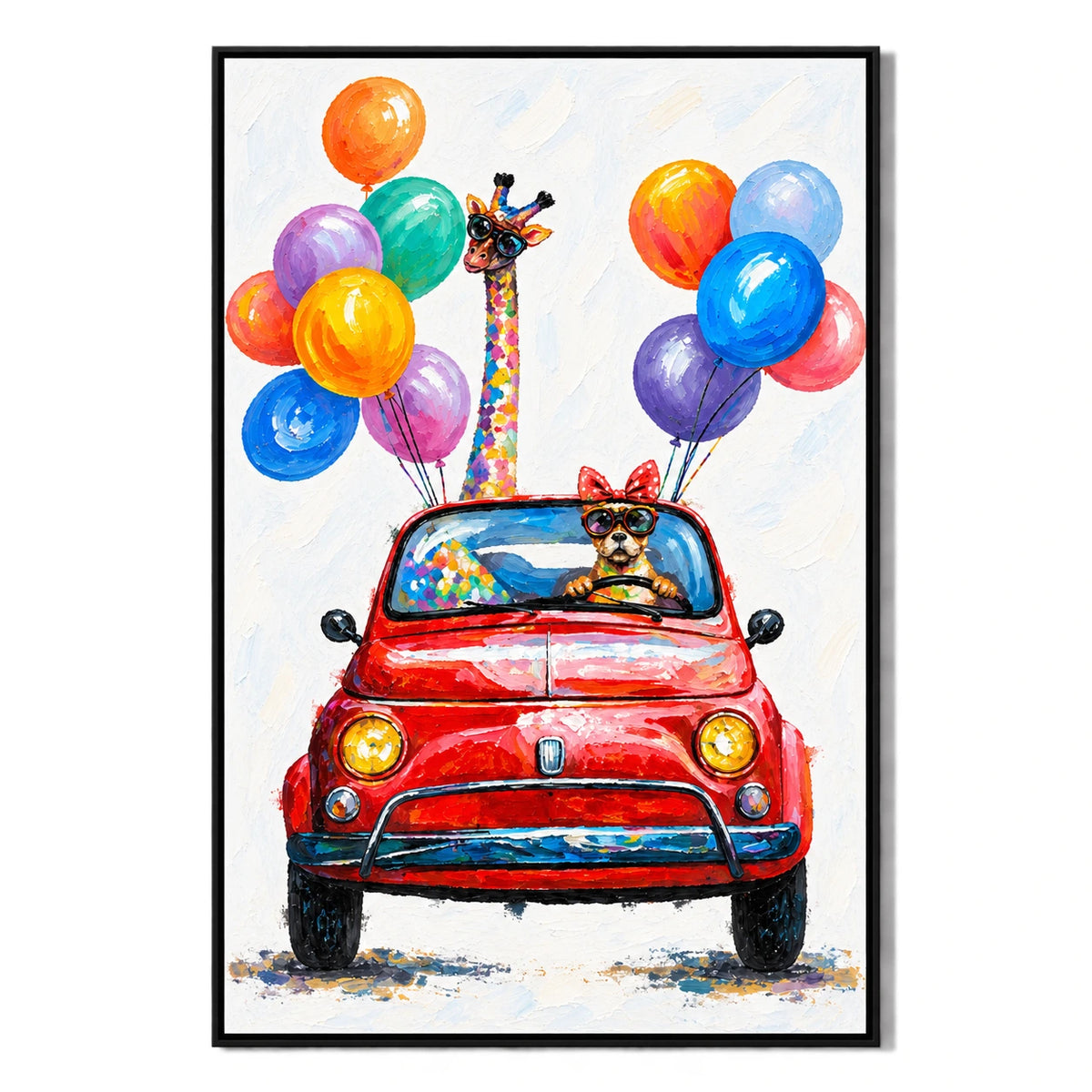 Ownanart Hand-Painted Giraffe and Dog in Red Convertible with Colorful Balloons Oil Painting – 3D Textured Vertical Impasto Canvas Wall Art for Living Room Bedroom Entryway and Office