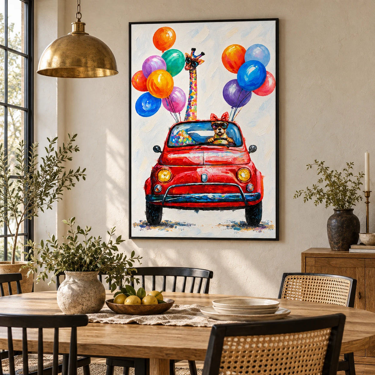 Ownanart Hand-Painted Giraffe and Dog in Red Convertible with Colorful Balloons Oil Painting – 3D Textured Vertical Impasto Canvas Wall Art for Living Room Bedroom Entryway and Office