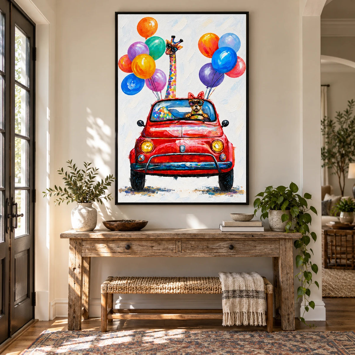 Ownanart Hand-Painted Giraffe and Dog in Red Convertible with Colorful Balloons Oil Painting – 3D Textured Vertical Impasto Canvas Wall Art for Living Room Bedroom Entryway and Office