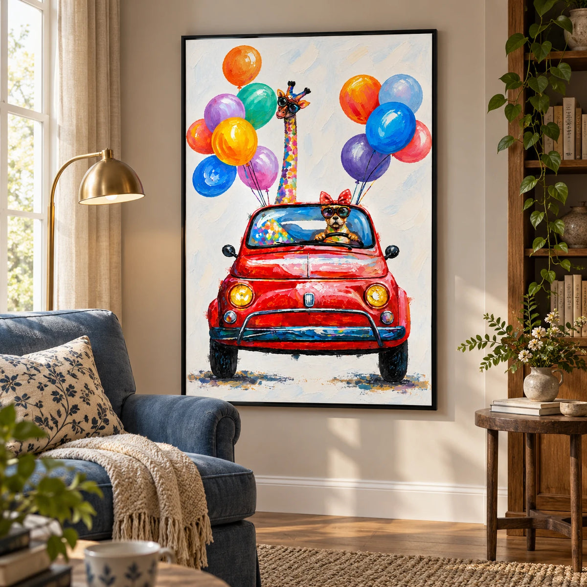 Ownanart Hand-Painted Giraffe and Dog in Red Convertible with Colorful Balloons Oil Painting – 3D Textured Vertical Impasto Canvas Wall Art for Living Room Bedroom Entryway and Office
