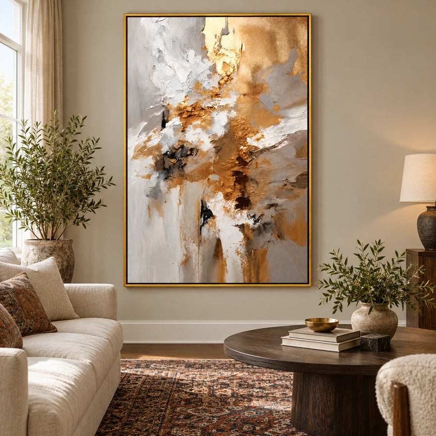 Ownanart Hand-Painted Gold White Grey and Black Textured Abstract Oil Painting – 3D Textured Vertical Impasto Canvas Wall Art for Living Room Bedroom Entryway and Office #OA 1558