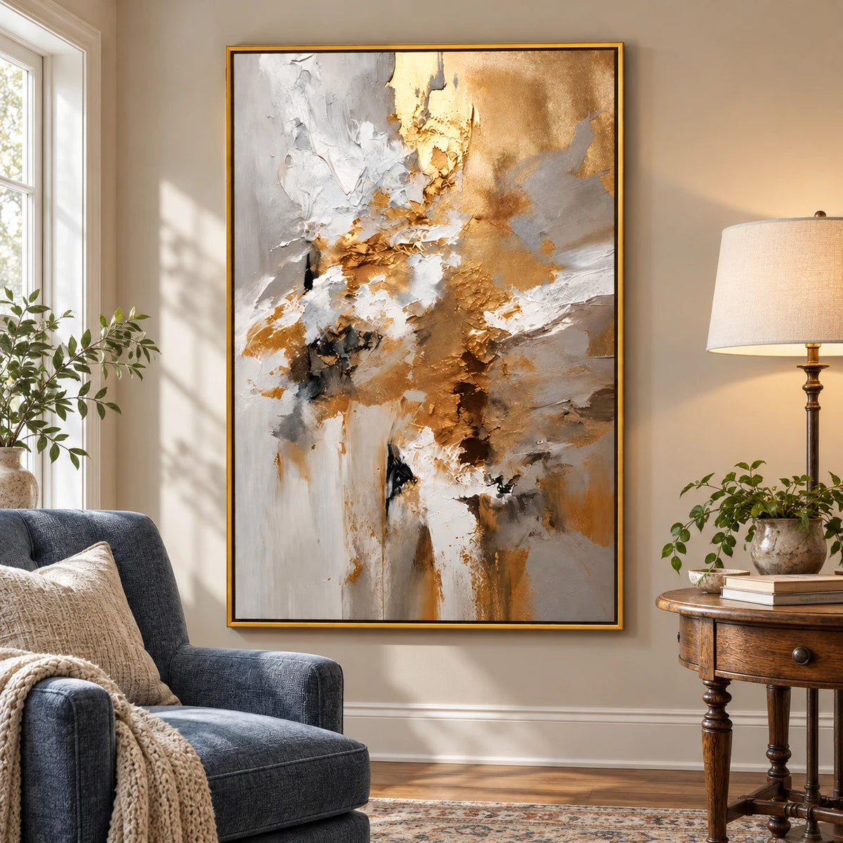 Ownanart Hand-Painted Gold White Grey and Black Textured Abstract Oil Painting – 3D Textured Vertical Impasto Canvas Wall Art for Living Room Bedroom Entryway and Office