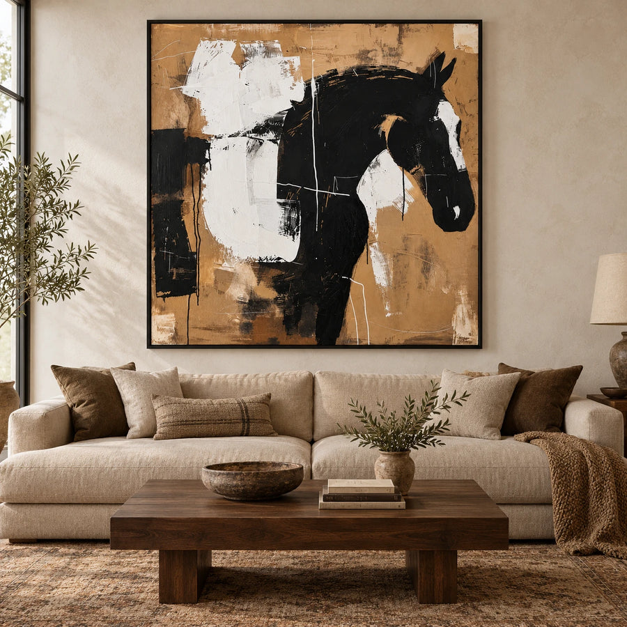 Ownanart Hand-Painted Abstract Black Horse Portrait in Beige and White Oil Painting – Neutral Equestrian Art, 3D Textured Square Canvas Wall Art for Living Room Bedroom Entryway and Office #OA 1527
