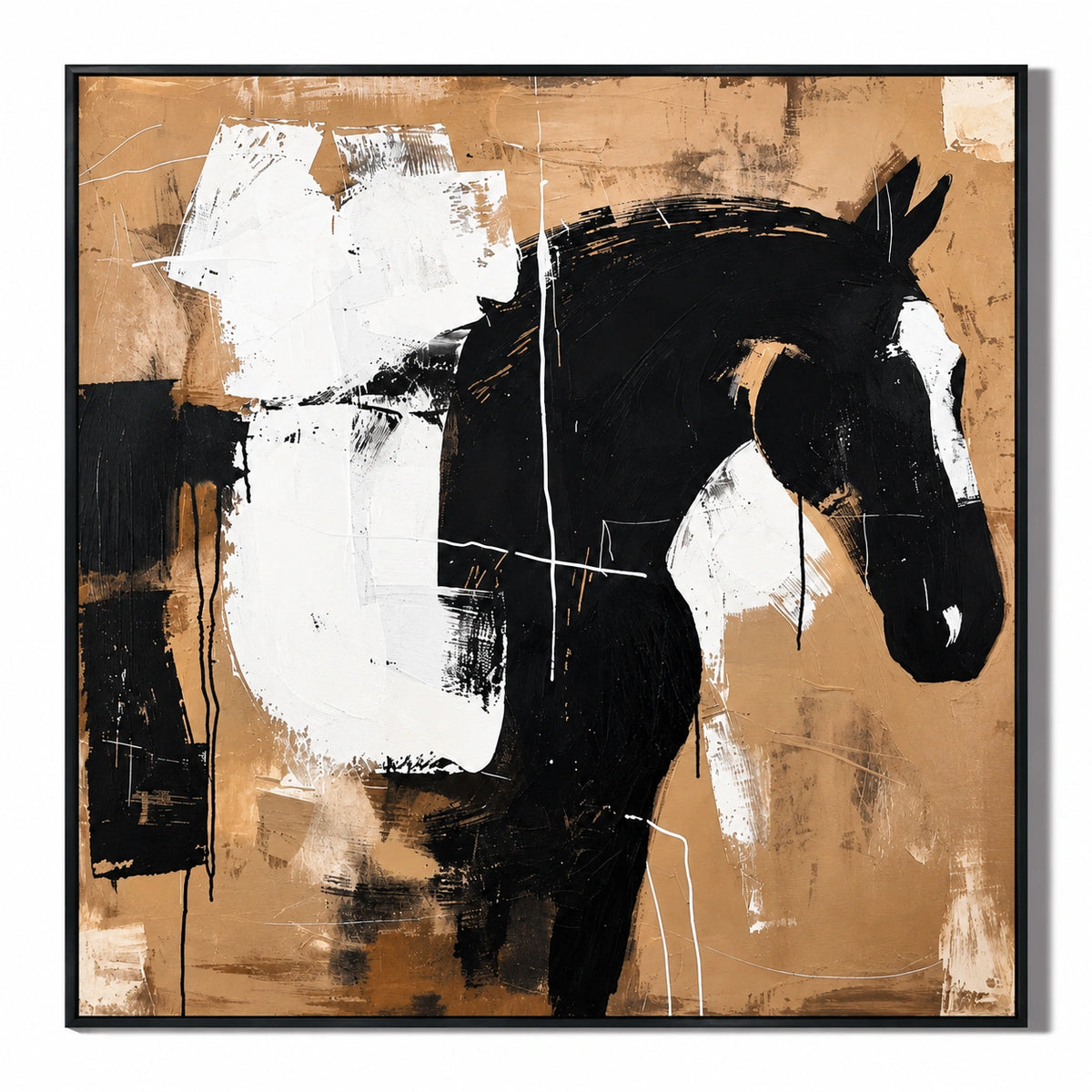Ownanart Hand-Painted Abstract Black Horse Portrait in Beige and White Oil Painting – Neutral Equestrian Art, 3D Textured Square Canvas Wall Art for Living Room Bedroom Entryway and Office