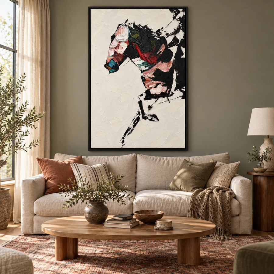 Ownanart Hand-Painted Abstract Black Horse Portrait Oil Painting – Expressive Abstract Equestrian Art, 3D Textured Vertical Canvas Wall Art for Living Room Bedroom Entryway and Office #OA 1522