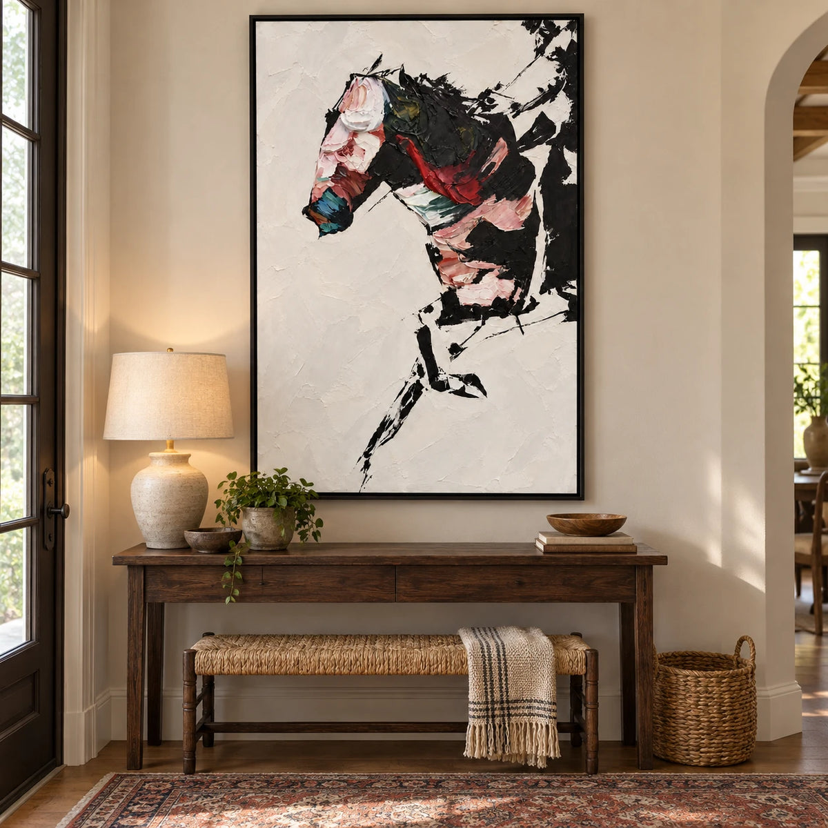 Ownanart Hand-Painted Abstract Black Horse Portrait Oil Painting – Expressive Abstract Equestrian Art, 3D Textured Vertical Canvas Wall Art for Living Room Bedroom Entryway and Office