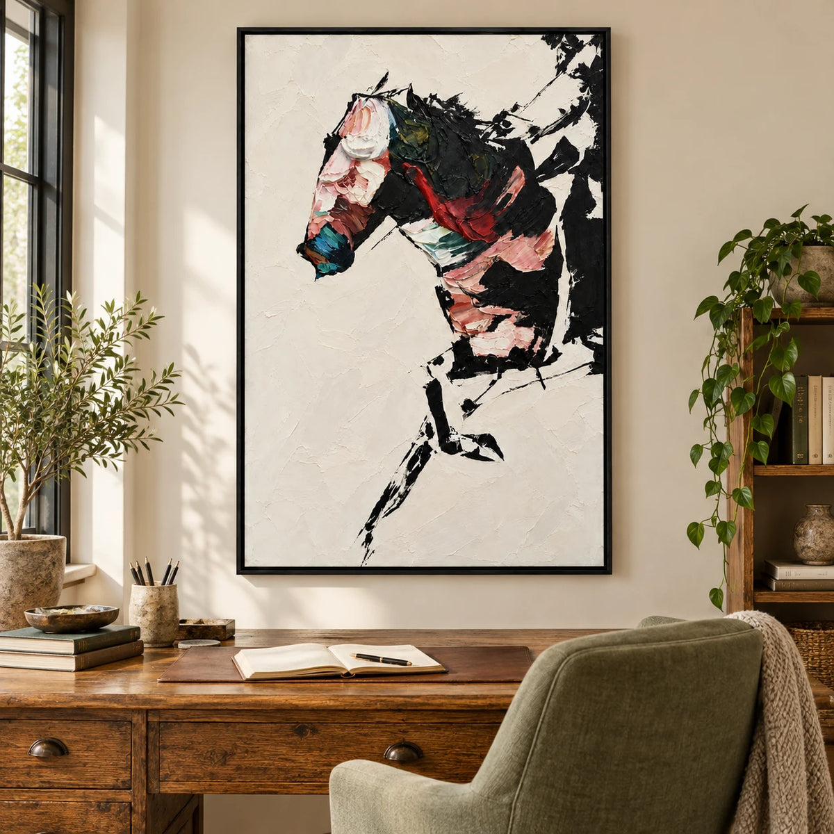 Ownanart Hand-Painted Abstract Black Horse Portrait Oil Painting – Expressive Abstract Equestrian Art, 3D Textured Vertical Canvas Wall Art for Living Room Bedroom Entryway and Office
