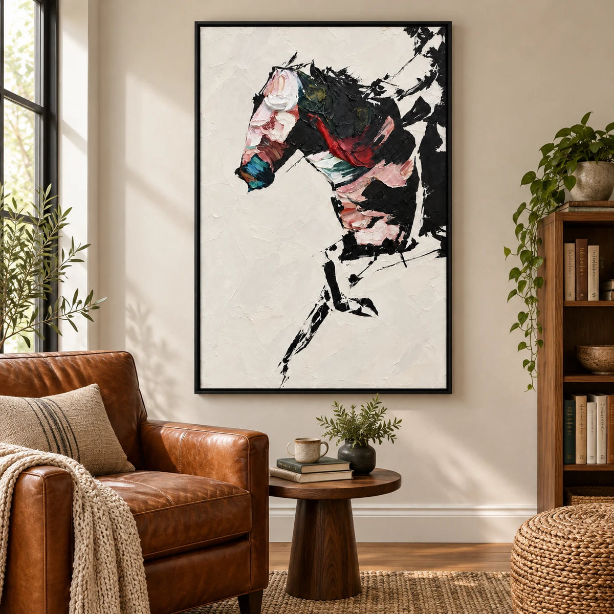 Ownanart Hand-Painted Abstract Black Horse Portrait Oil Painting – Expressive Abstract Equestrian Art, 3D Textured Vertical Canvas Wall Art for Living Room Bedroom Entryway and Office