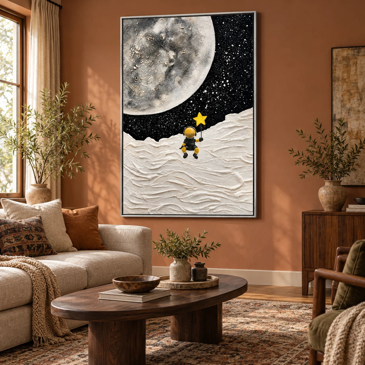 Ownanart Hand-Painted Astronaut Holding a Yellow Star on the Moon Oil Painting – 3D Textured Vertical Impasto Canvas Wall Art for Living Room Bedroom Entryway and Office