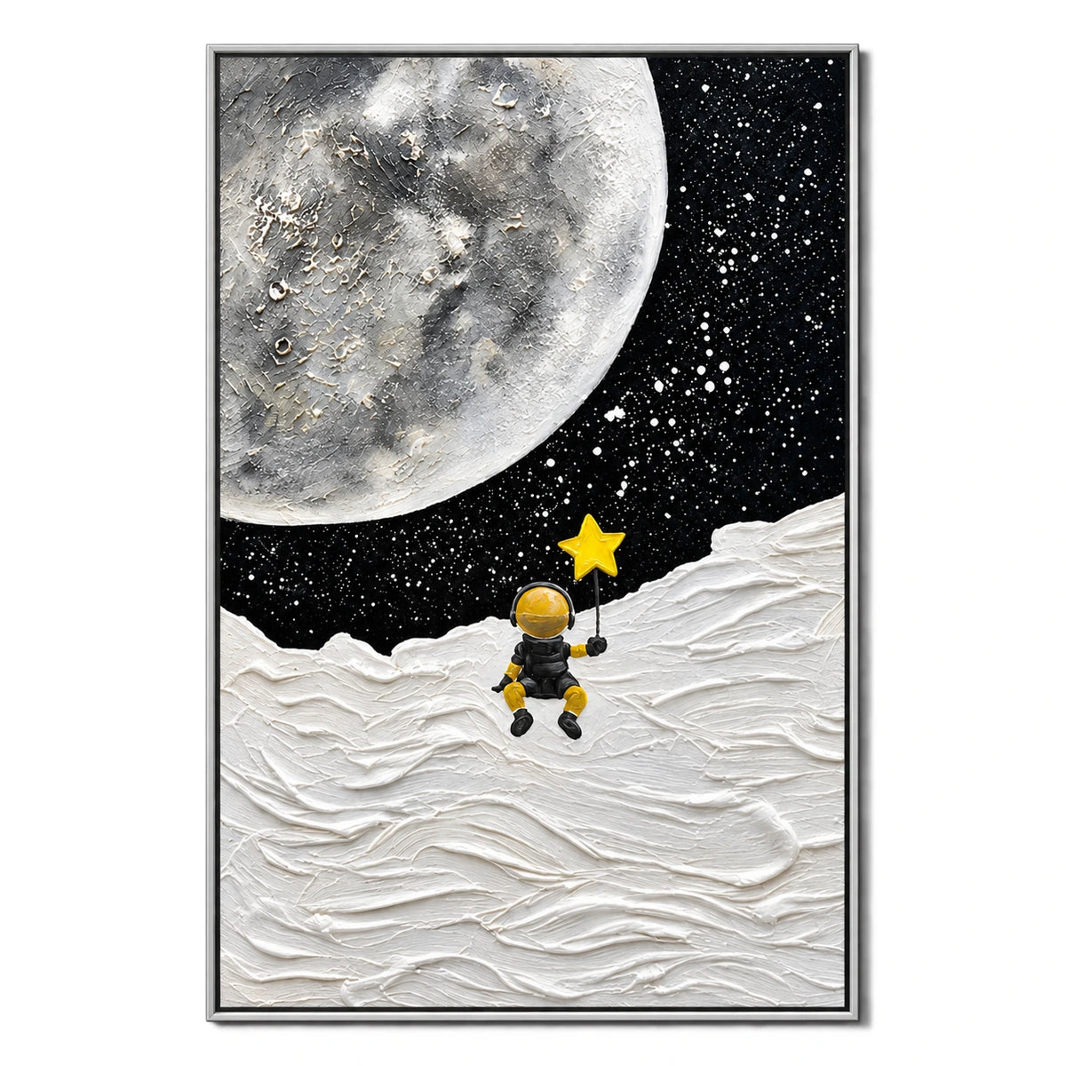 Ownanart Hand-Painted Astronaut Holding a Yellow Star on the Moon Oil Painting – 3D Textured Vertical Impasto Canvas Wall Art for Living Room Bedroom Entryway and Office