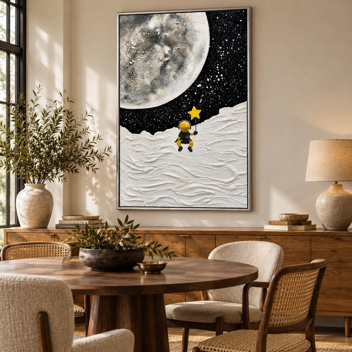 Ownanart Hand-Painted Astronaut Holding a Yellow Star on the Moon Oil Painting – 3D Textured Vertical Impasto Canvas Wall Art for Living Room Bedroom Entryway and Office