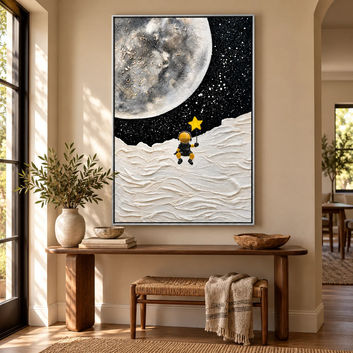Ownanart Hand-Painted Astronaut Holding a Yellow Star on the Moon Oil Painting – 3D Textured Vertical Impasto Canvas Wall Art for Living Room Bedroom Entryway and Office