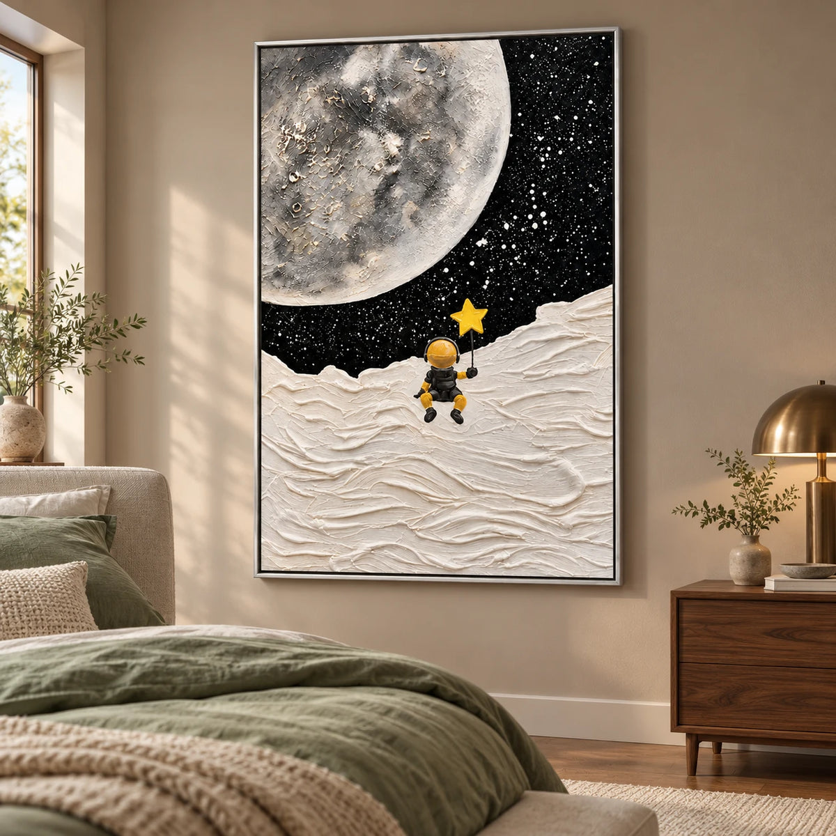 Ownanart Hand-Painted Astronaut Holding a Yellow Star on the Moon Oil Painting – 3D Textured Vertical Impasto Canvas Wall Art for Living Room Bedroom Entryway and Office
