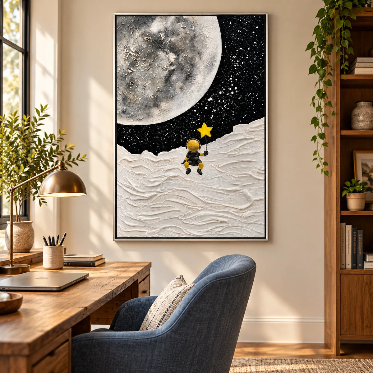 Ownanart Hand-Painted Astronaut Holding a Yellow Star on the Moon Oil Painting – 3D Textured Vertical Impasto Canvas Wall Art for Living Room Bedroom Entryway and Office