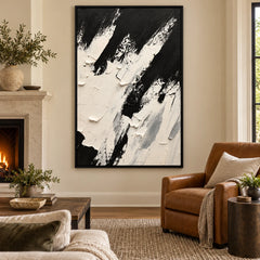 Ownanart Hand-Painted Black and White Diagonal Impasto Abstract Oil Painting – Textured Vertical Canvas Wall Art for Living Room and Office #OA 1489