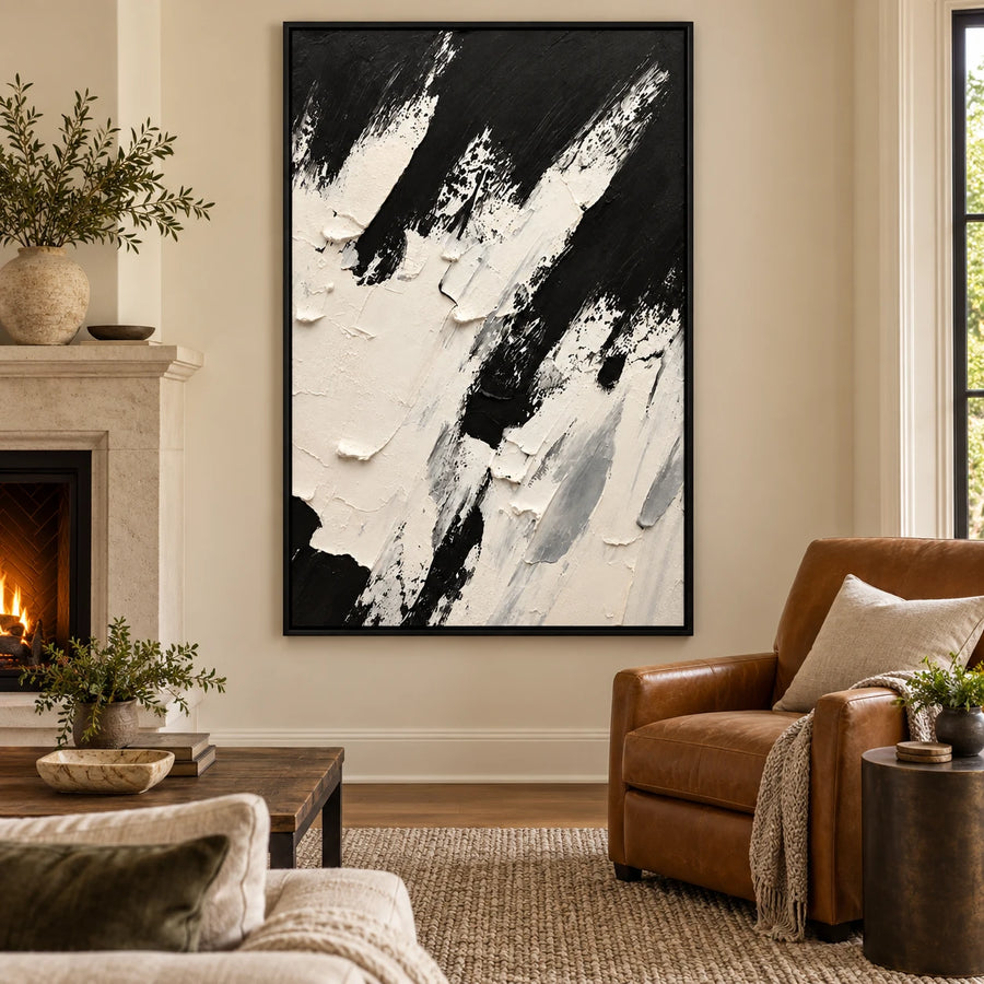 Ownanart Hand-Painted Black and White Diagonal Impasto Abstract Oil Painting – Textured Vertical Canvas Wall Art for Living Room and Office #OA 1489